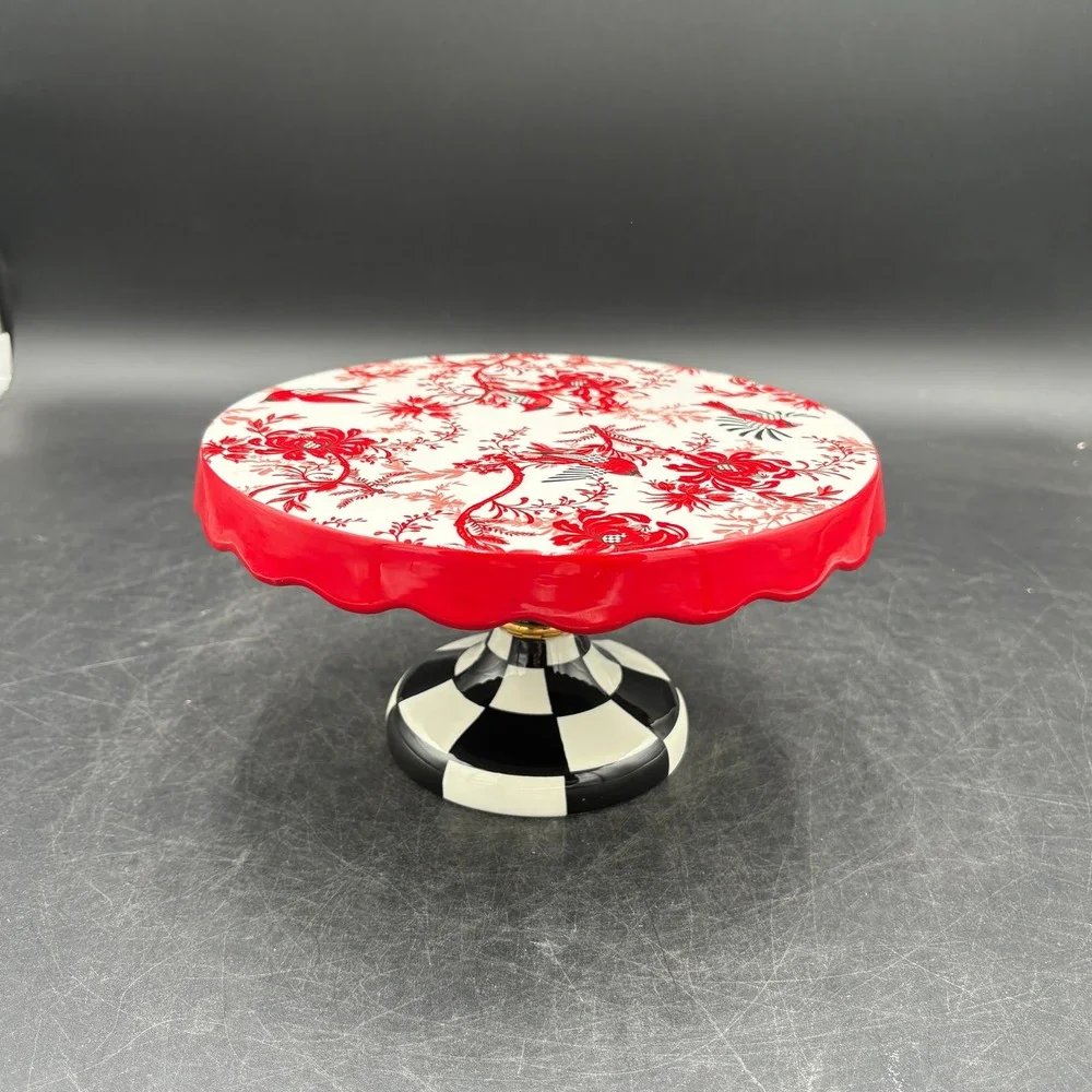 MacKenzie-Childs Cardinal Floral Cake Stand Courtly Check Base Red White Black